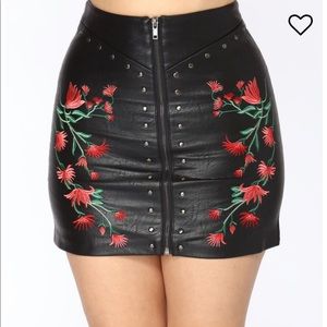 Floral black leather skirt